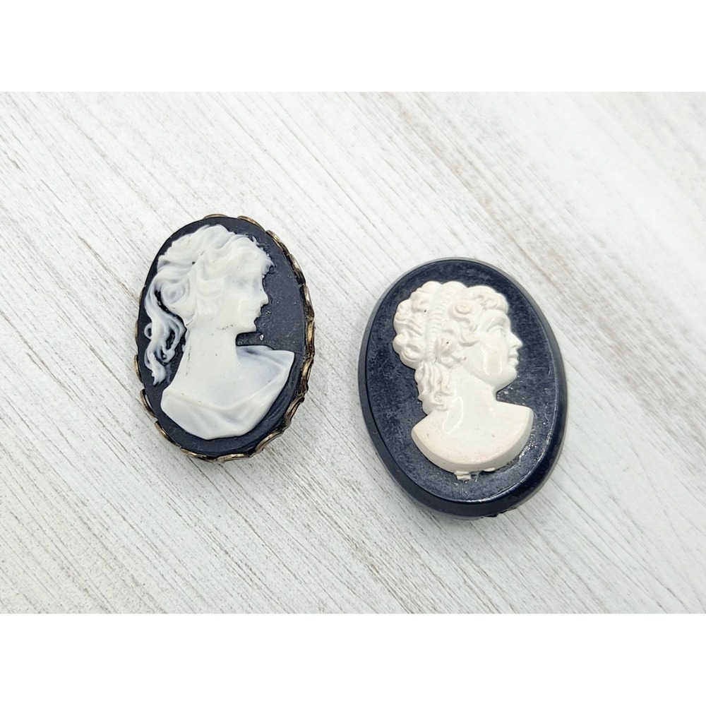Vintage Cameo Brooch Set: Black & White Victorian Revival Pins